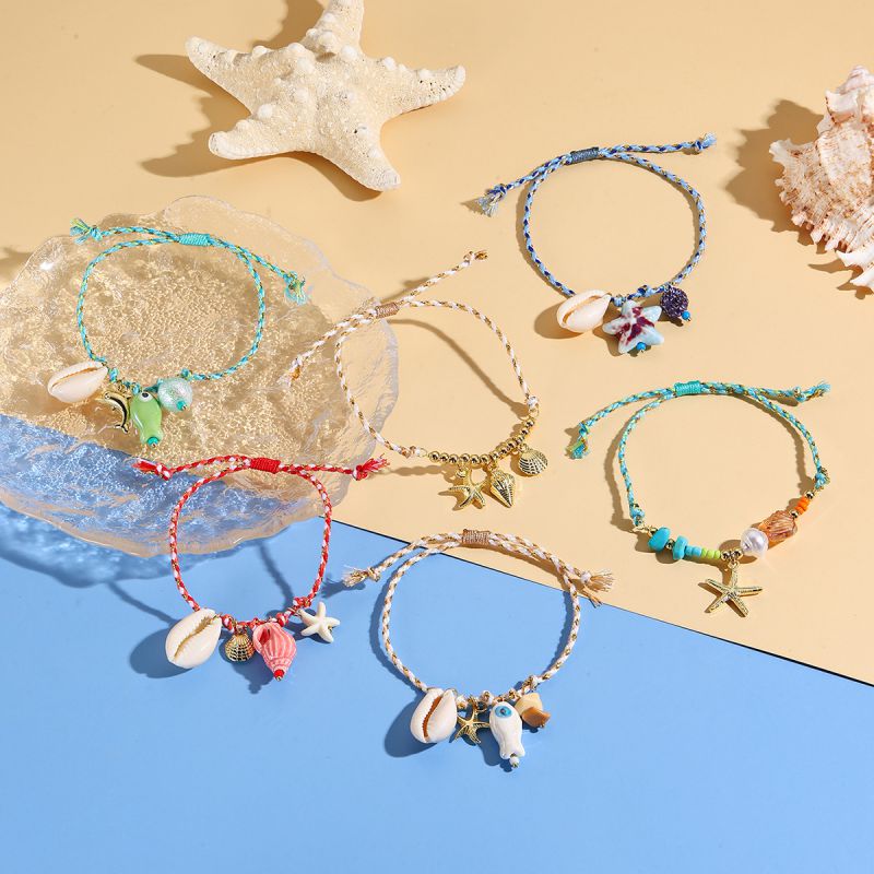 Pulsera De Cuerda De Colores Con Estrellas De Mar Conchas Y Peces De Cerámica
