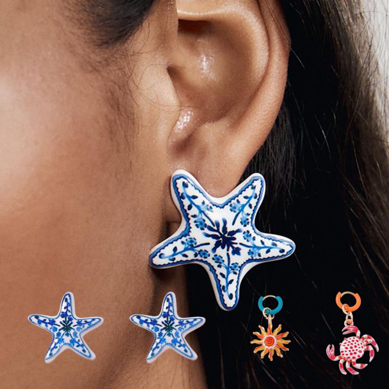 Juego De Pendientes De Aleación Con Forma De Estrella De Mar Y Cangrejo