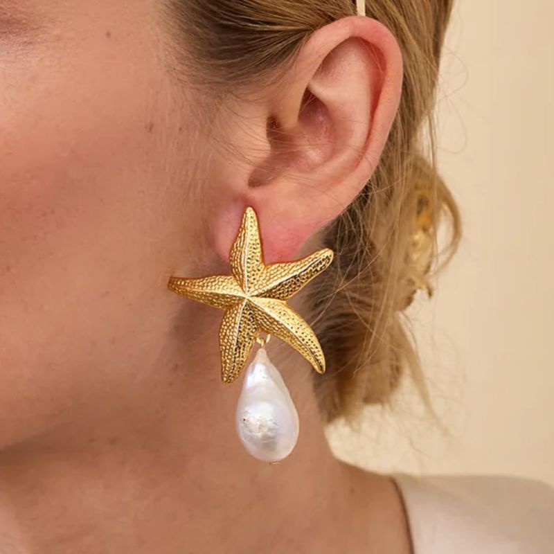 Pendientes De Aleación Con Forma De Estrella De Mar Y Perla