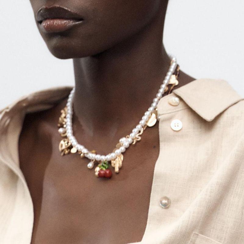 Collar De Doble Capa Con Múltiples Colgantes Y Cuentas De Perlas De Aleación
