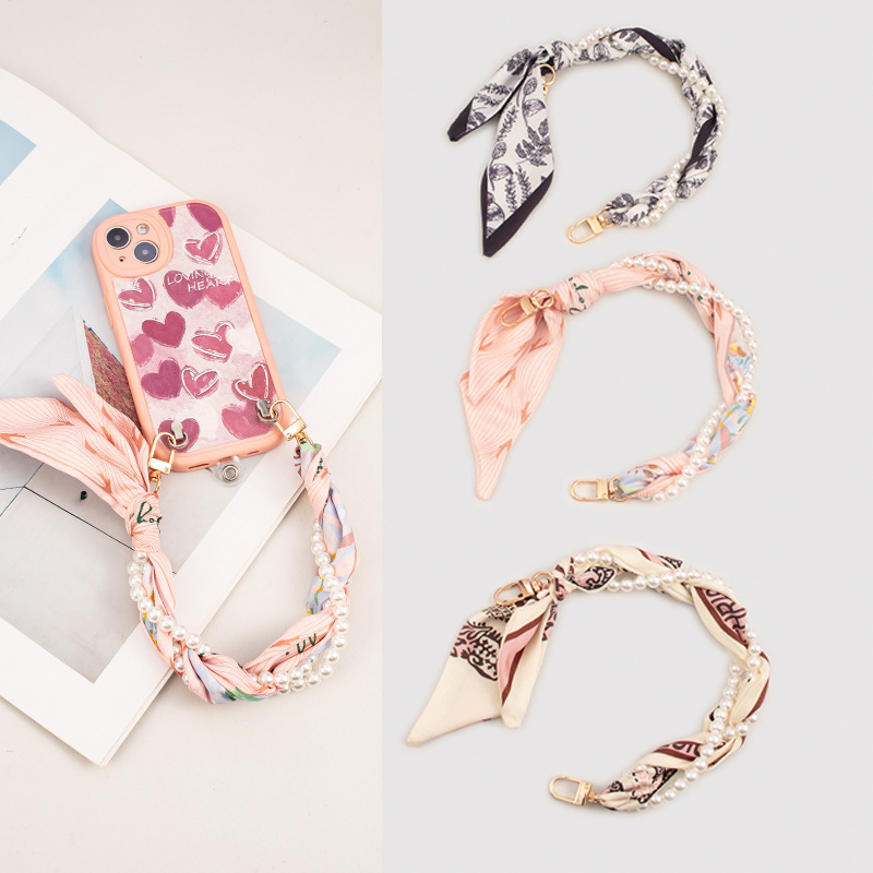 1 Single Pearl Chain Polyester Pearl Beaded Silk Scarf Braided Mobile Phone Chain