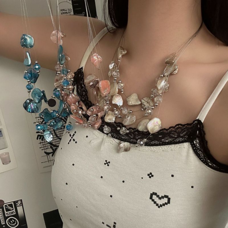 Collar Multicapa Con Cuentas De Cristal De Concha Irregular