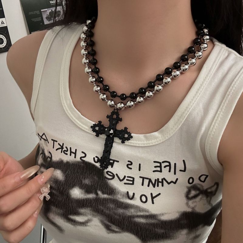Collar Cruzado Multicapa Con Cuentas De Aleación