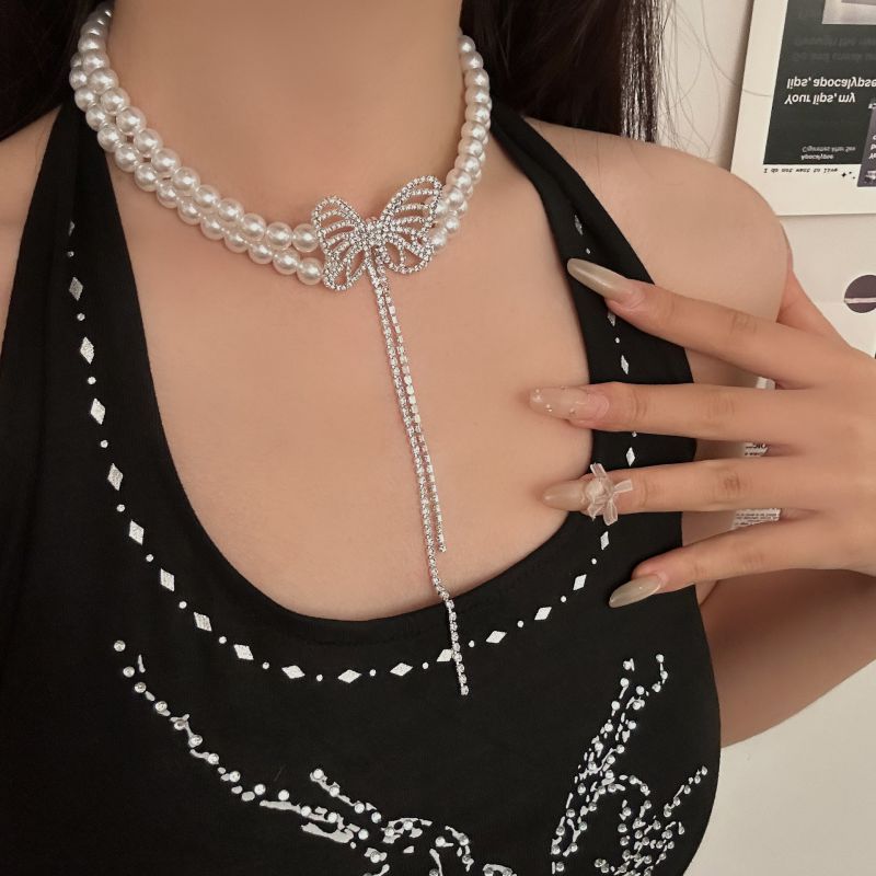 Collar De Mariposa Con Cuentas De Perla Y Diamantes