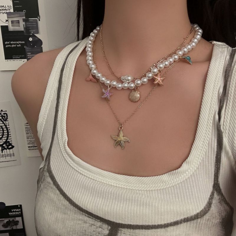 Collar Multicapa De Concha De Estrella De Mar Con Cuentas De Aleación De Perlas