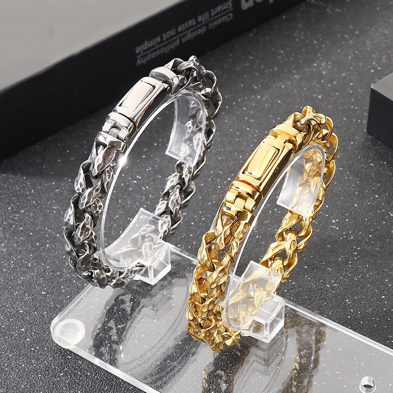 Pulsera De Acero Inoxidable Para Hombre Con Cadena De Cesta De Flores Tejidas Y Martilladas
