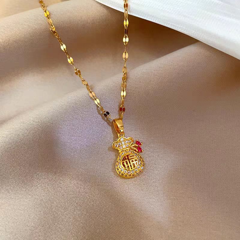 Gold Titanium Steel Lucky Bag Necklace