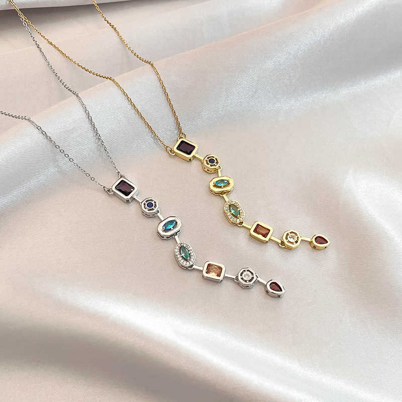 Silver Titanium Steel Diamond Square Y-shaped Necklace