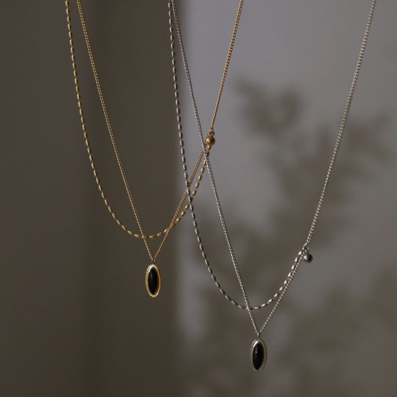 Silver Titanium Steel Oval Double Necklace