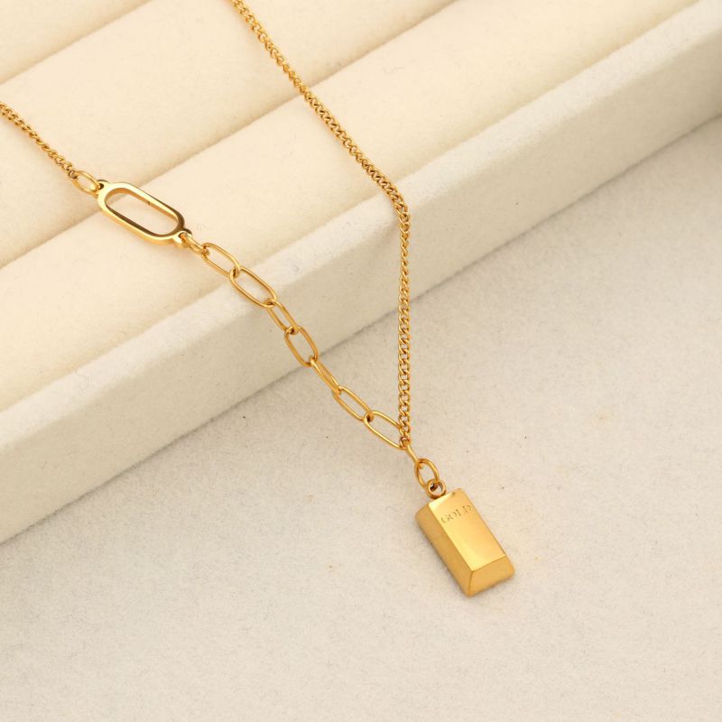 Gold Titanium Steel Letter Small Gold Brick Necklace