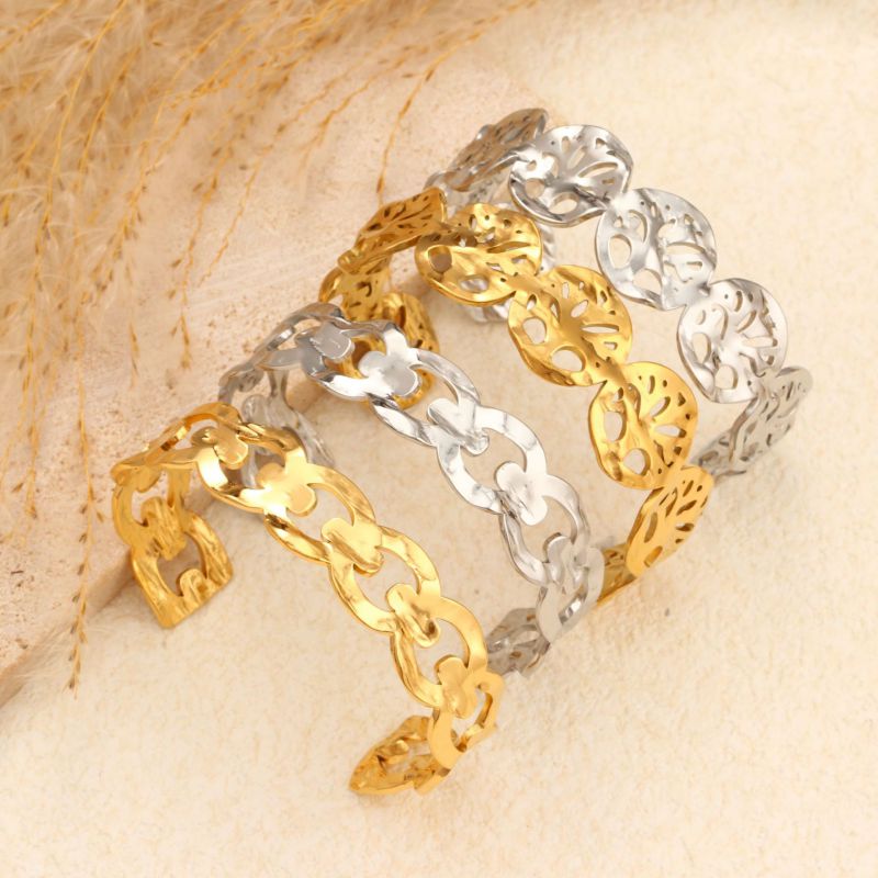 Round Leaf Steel Color Stainless Steel Hollow Round Bracelet