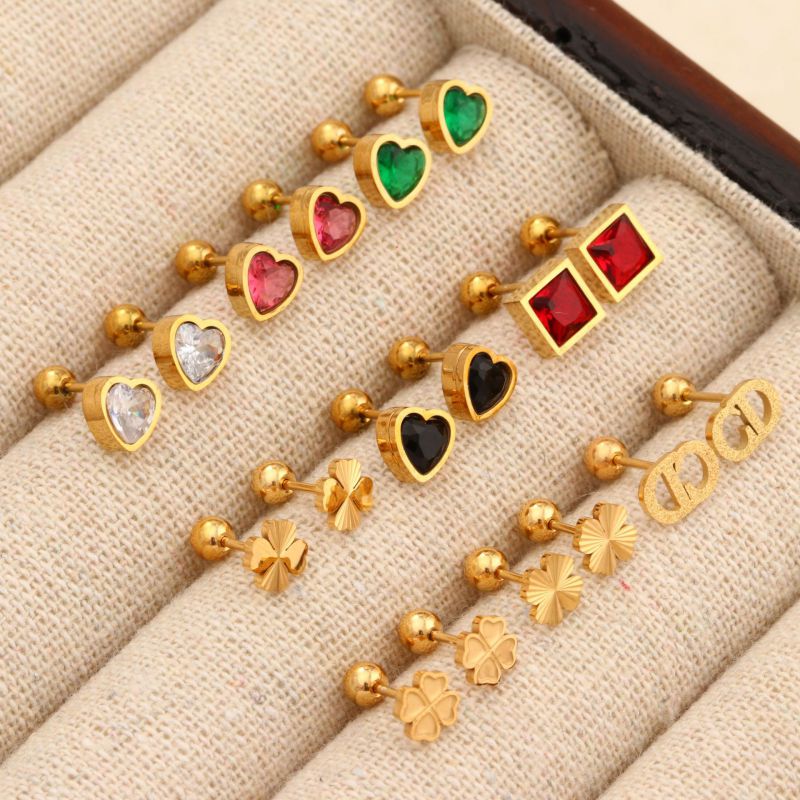 Cd Matte Alloy Diamond Heart Square Four-leaf Flower Earrings