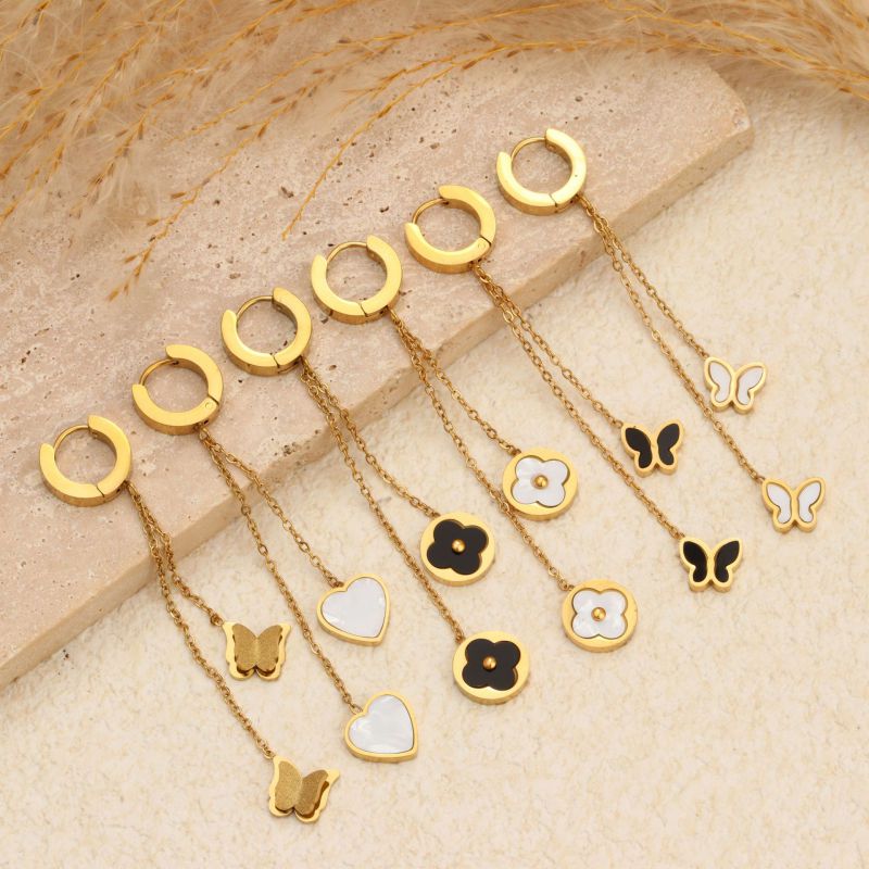 Small Chrysanthemum Stainless Steel Butterfly Heart Butterfly Four-leaf Flower Earrings