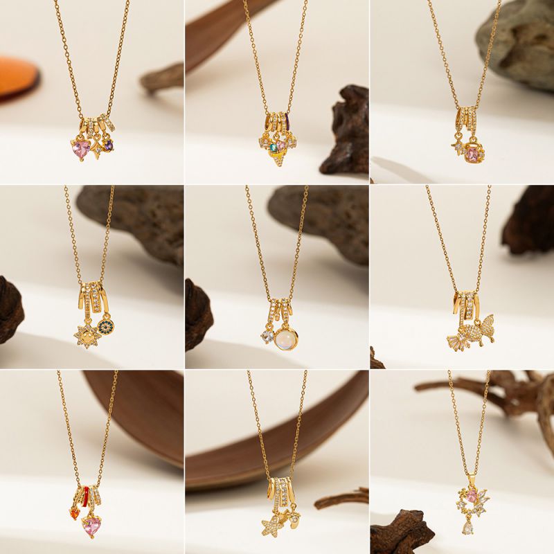 Bow-necklace【gold】 Titanium Steel Diamond Flower Shell Four-leaf Flower Bow Blessing Bag Necklace