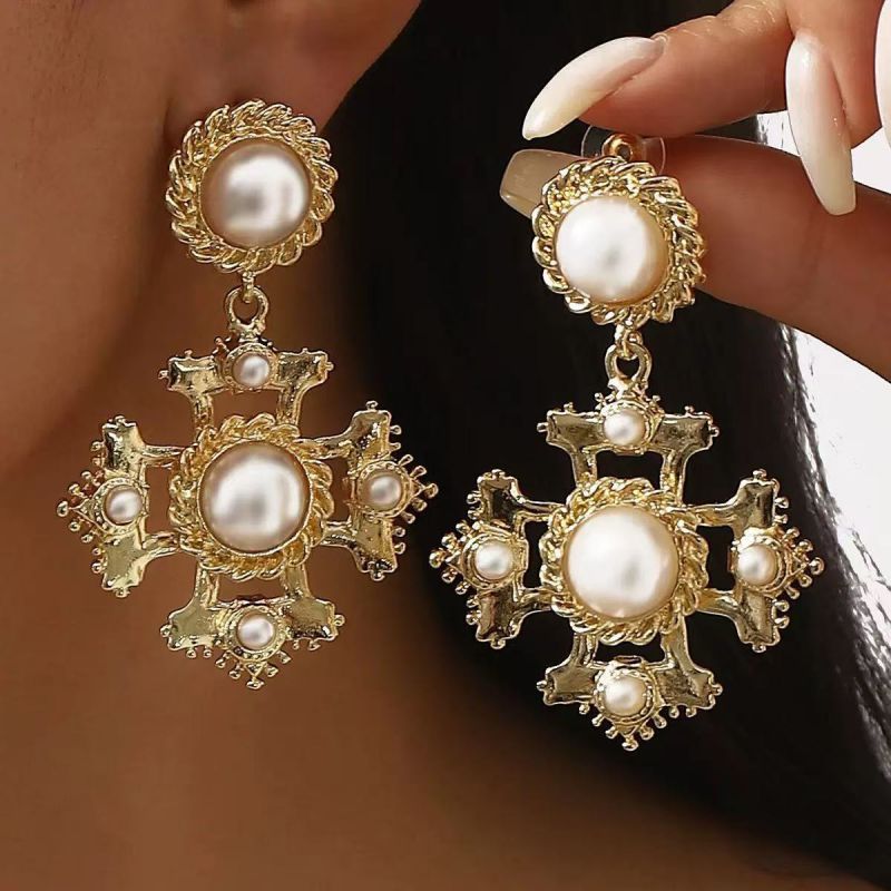 Gold Model 2 Alloy Cross Pearl Earrings