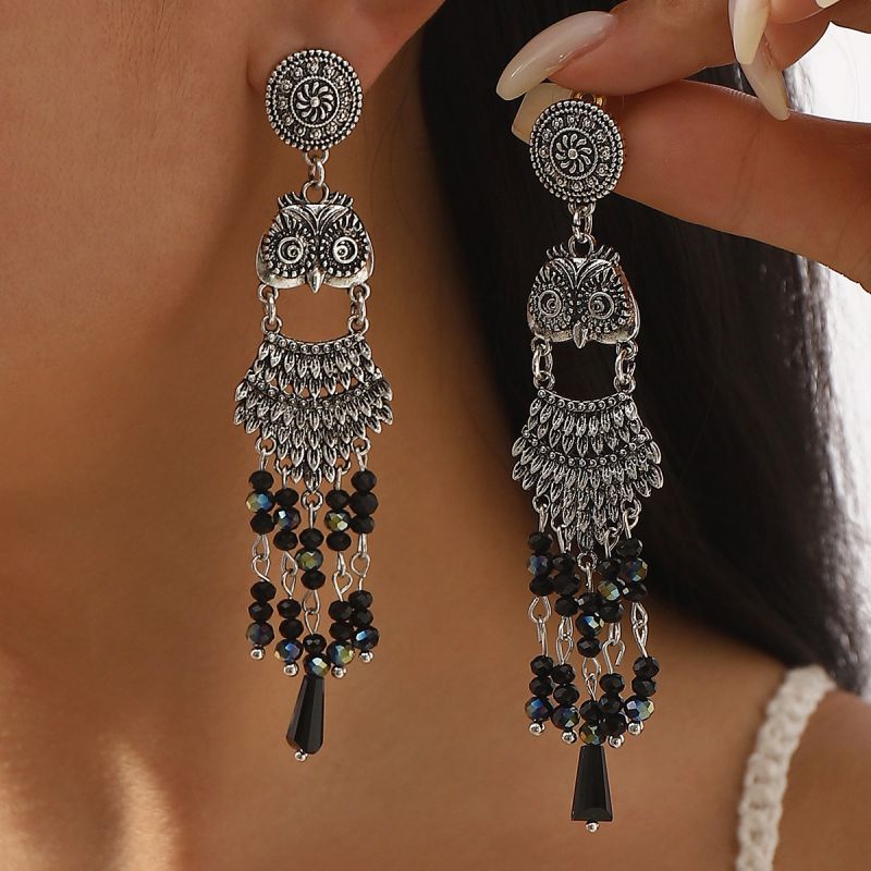 Antique Silver Alloy Owl Tassel Earrings