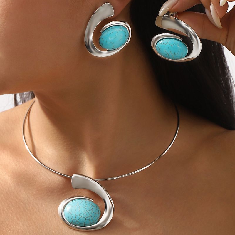Conjunto De Collar Y Pendientes Redondos De Aleación De Turquesa