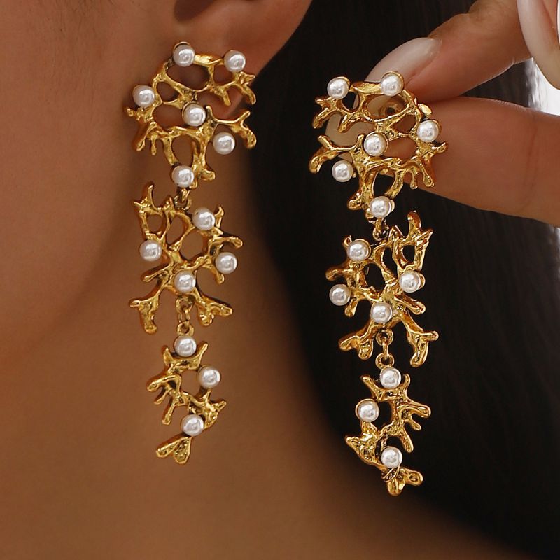 Antique Silver Alloy Pearl Branch Earrings