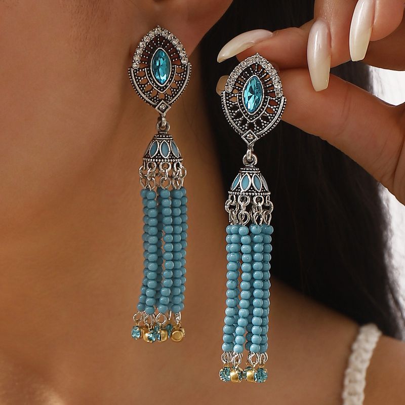 White Rice Bead Tassel Diamond Earrings