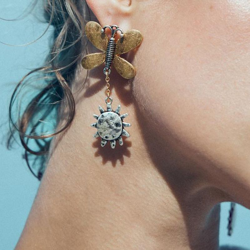 Ancient Gold + Ancient Silver Alloy Butterfly Sun Earrings