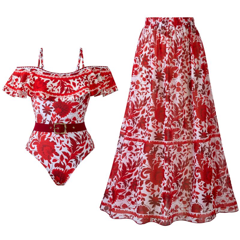 Traje De Baño De Una Pieza Con Estampado De Nailon Y Vestido De Playa