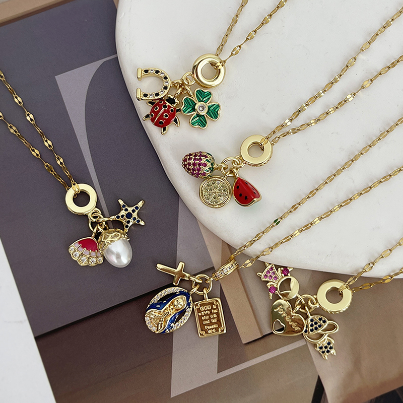 Gold 5 Titanium Steel Inlaid Zirconium Oil Drop Ladybug Flower Necklace