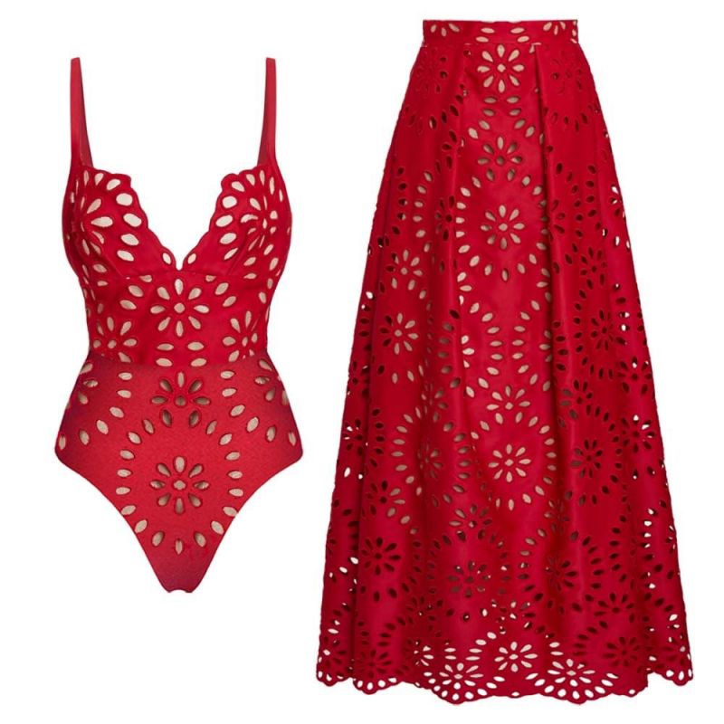Conjunto De Traje De Baño De Una Pieza De Nailon Hueco Y Vestido De Playa