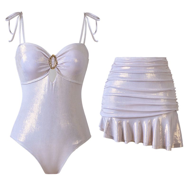 Traje De Baño De Una Pieza Con Cordones Combinados Y Vestido De Playa