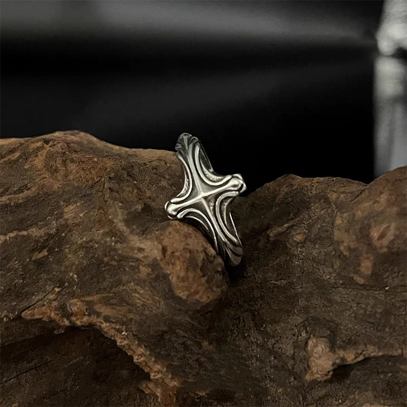 Anillo De Hombre Con Cruz De Metal Geométrica Redonda