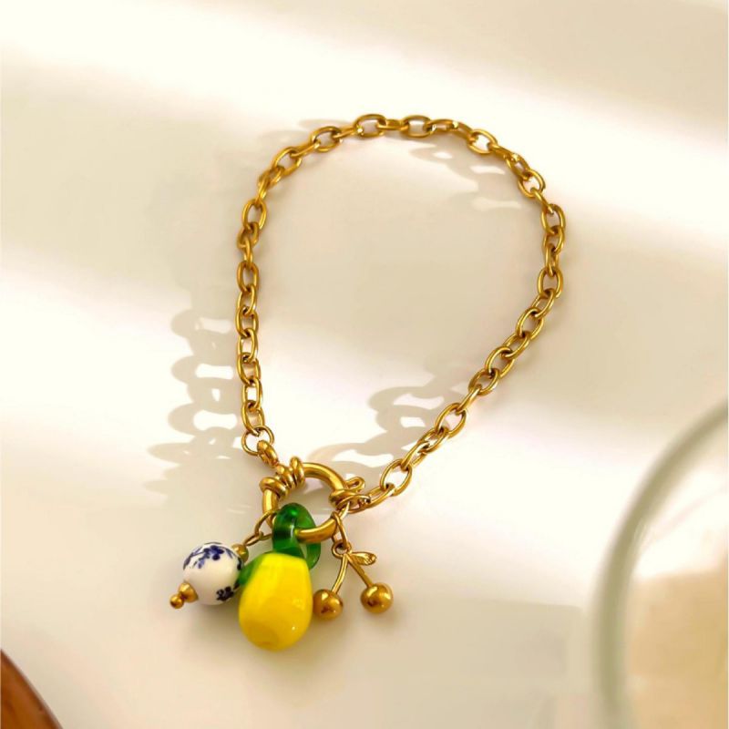 Pulsera De Acero Inoxidable Con Cuentas De Cerámica Cereza Y Papaya