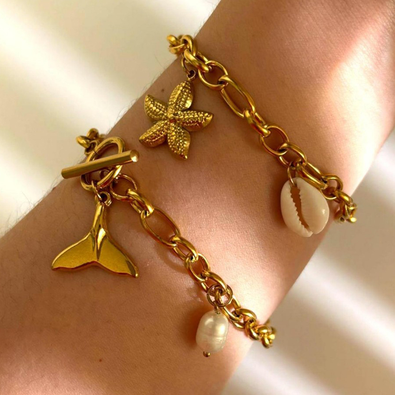 Pulsera De Acero Inoxidable Con Forma De Estrella De Mar Y Cola De Pez