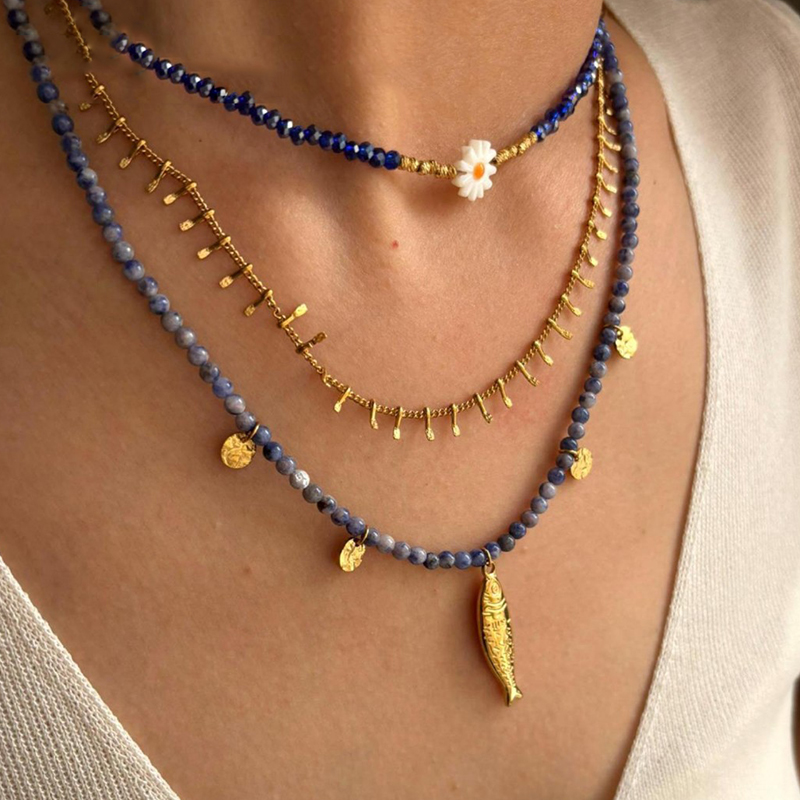Conjunto De Collar De Acero Inoxidable Con Cuentas De Peces Y Flores