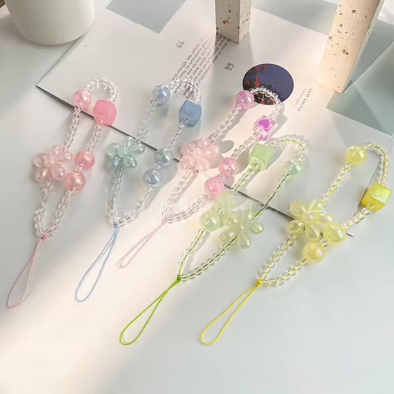 Cadena Para Teléfono Con Flores Y Cuentas Acrílicas