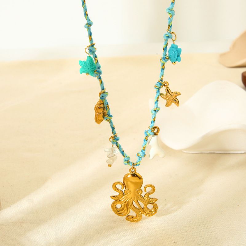 Collar De Pulpo Y Estrella De Mar De Acero Inoxidable Bañado En Oro