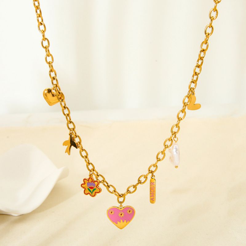 Collar De Acero Inoxidable Con Forma De Corazón Perla Y Flor De Aceite
