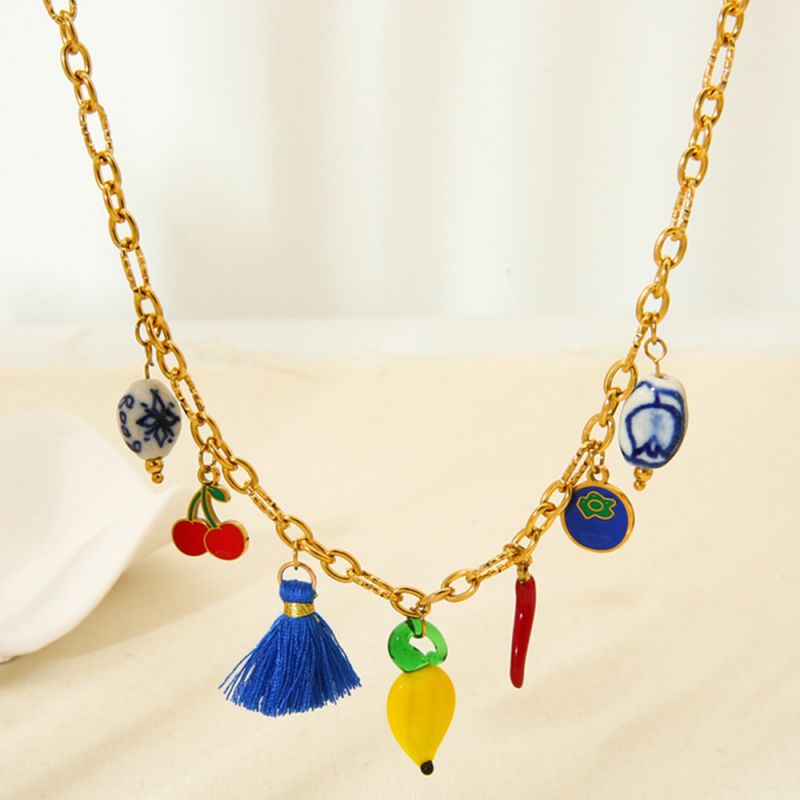 Collar De Acero Inoxidable Chapado En Oro Con Borlas De Plátano Y Cereza De Cerámica