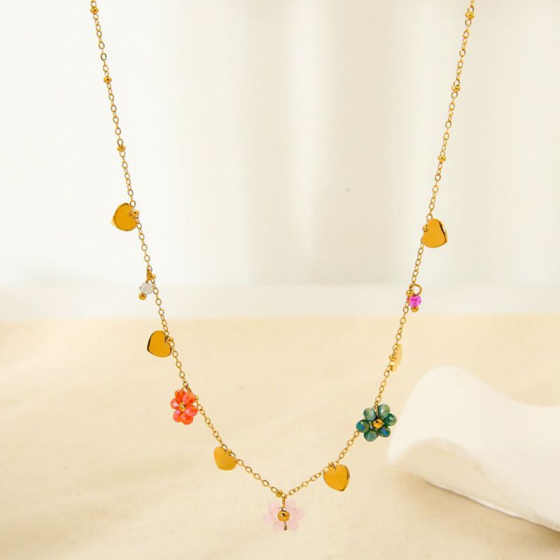 Collar De Flores Con Cuentas De Vidrio De Colores De Acero Inoxidable