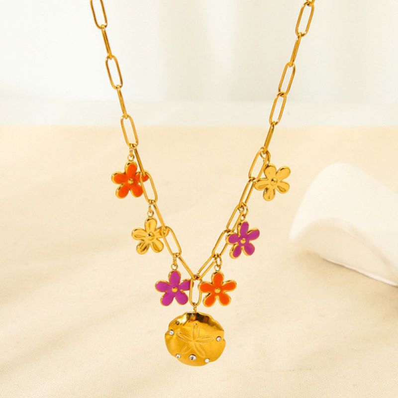 Collar De Cadena Cruzada Con Flores De Colores De Acero Inoxidable Chapado En Oro