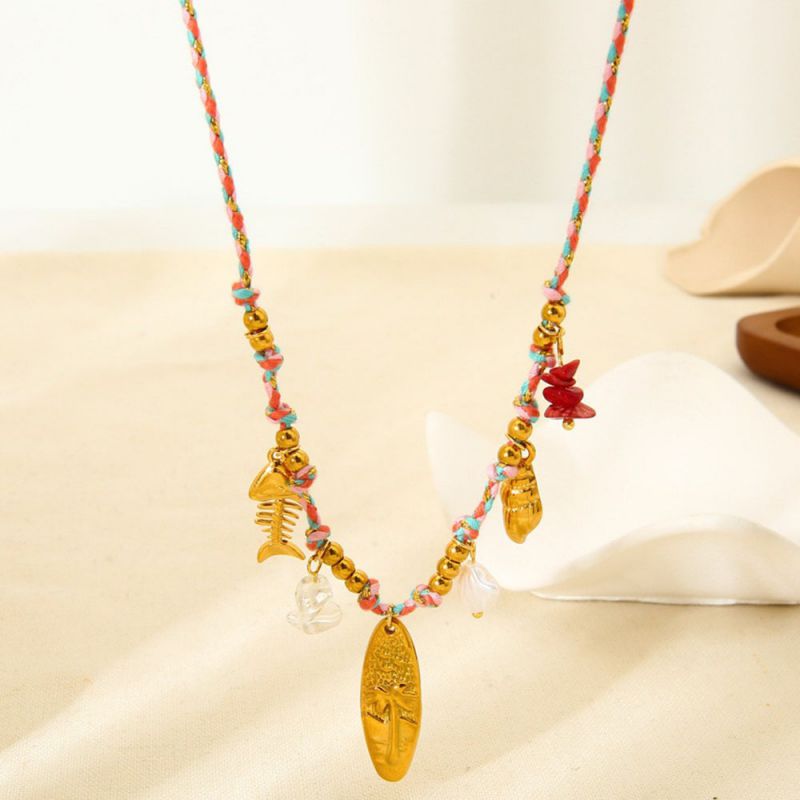 Collar Trenzado De Espiga De Palma De Coco De Acero Inoxidable Bañado En Oro
