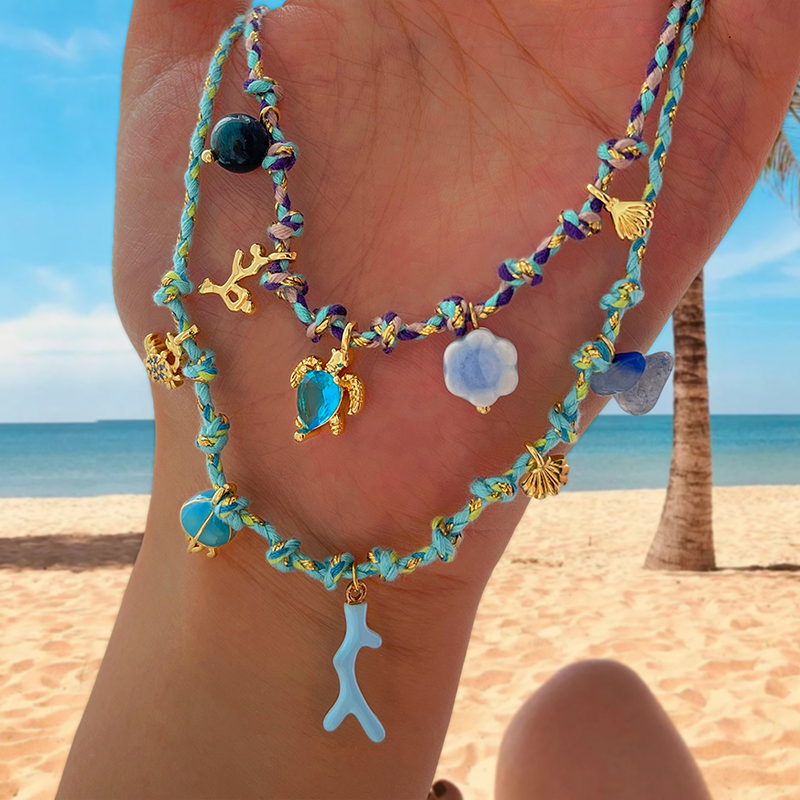 Purple Copper And Zircon Oil-dripped Marine Life Braided Necklace