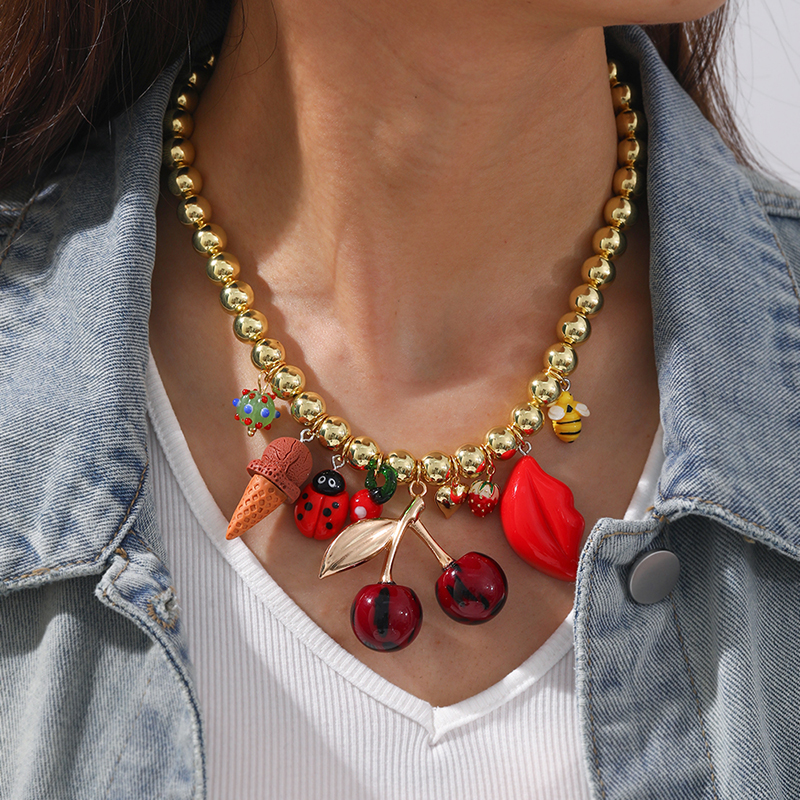 Collar De Aleación Con Cuentas De Insectos Y Frutas De Vidrio (10 Mm)