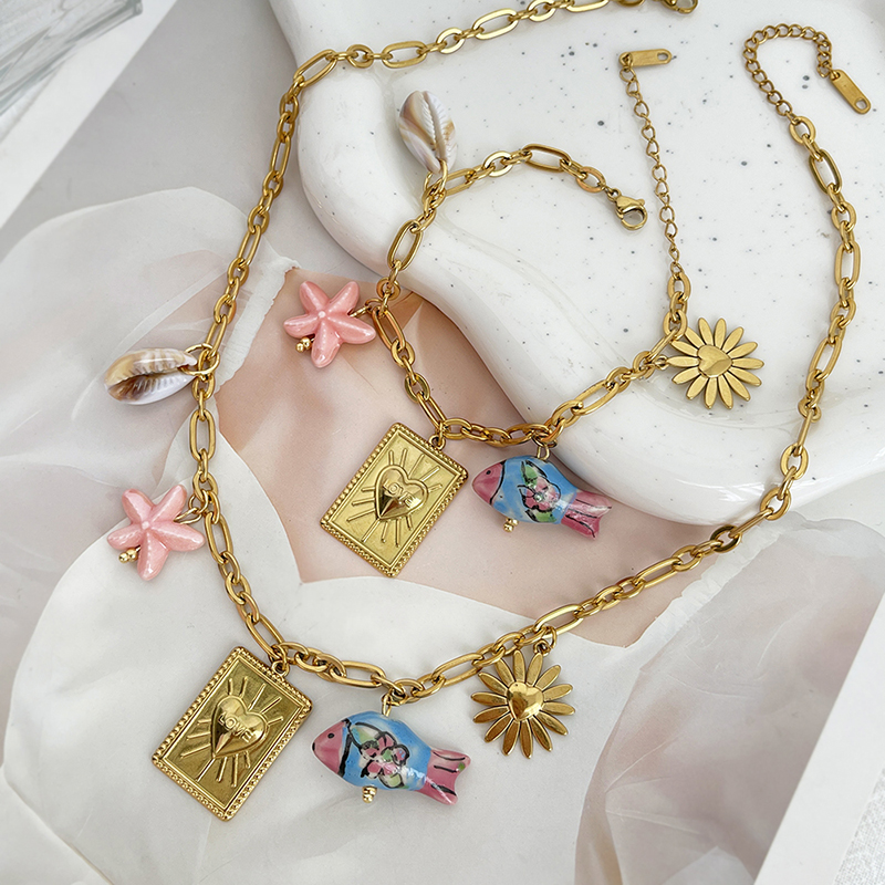 Gold 3 Titanium Steel Square Heart Marine Life Bracelet