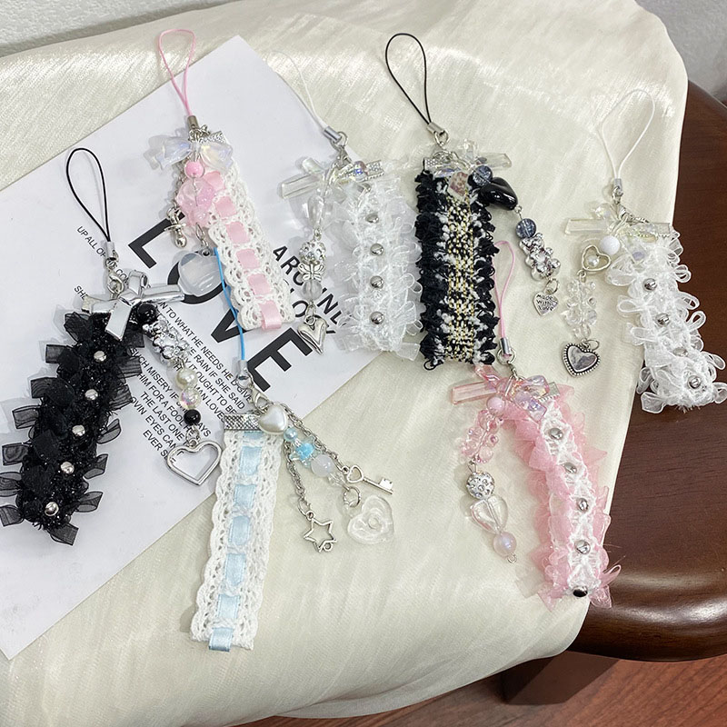 Small Fragrance White Polyester Love Bear Bow Lace Mobile Phone Pendant