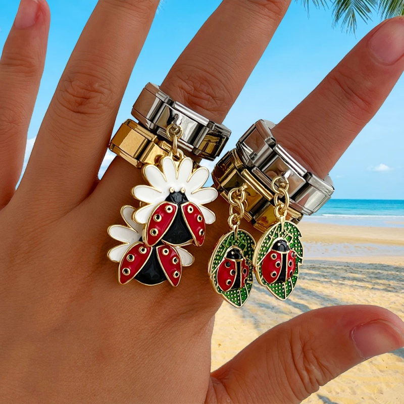Anillo Modular Cuadrado De Mariquita Con Goteo De Aceite De Acero Y Titanio