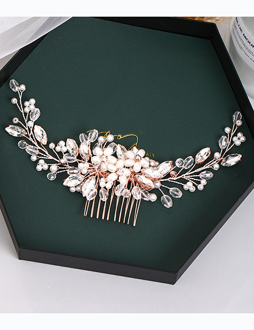 Gohen Color Fashion Rose Gold Color Pearl Crystal Flower Alloy Hair Comb:Asujewelry.com
