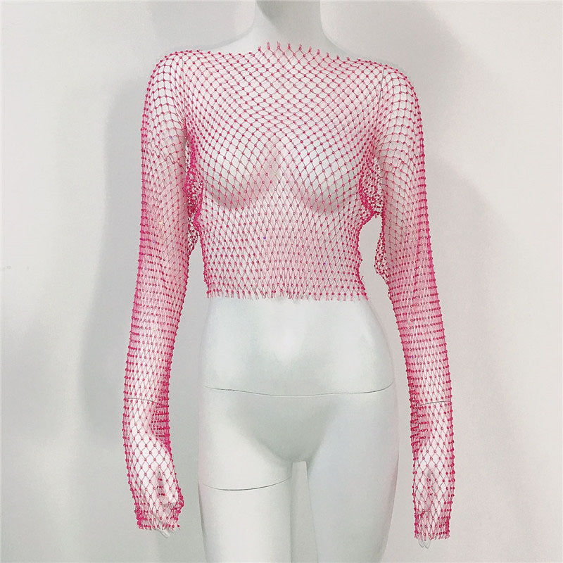 Fishnet Top With Roses Fashion Rose Red Top Polyester Cut-out Sheer Fishnet Top:Asujewelry.com