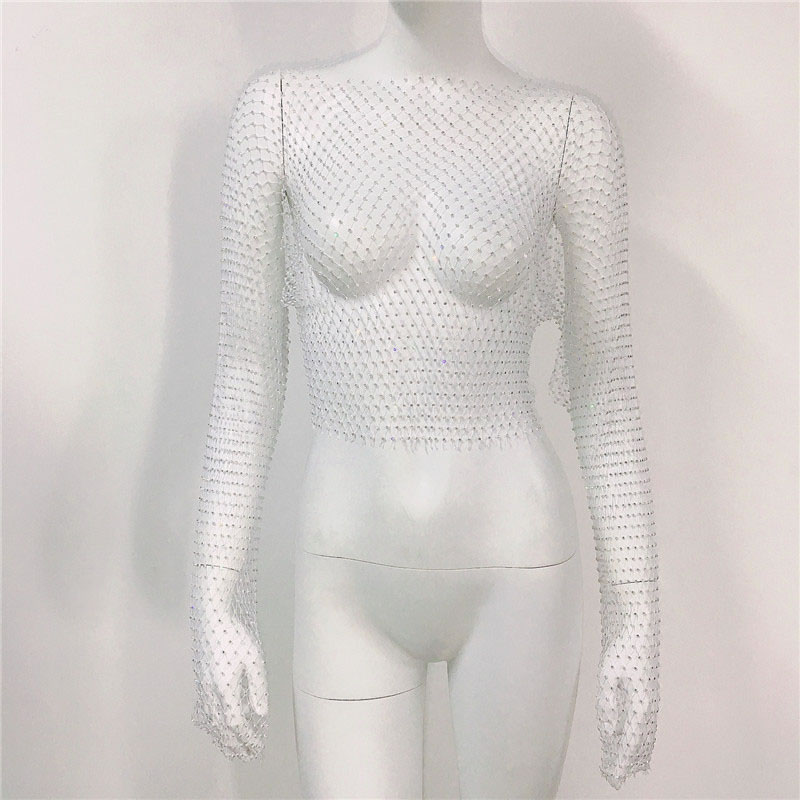 Fashion White Top Polyester Cut-out Sheer Fishnet Top :Asujewelry.com