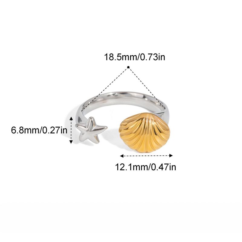 Shell Stainless Steel Colorblock Star Shell Open Ring :Asujewelry.com