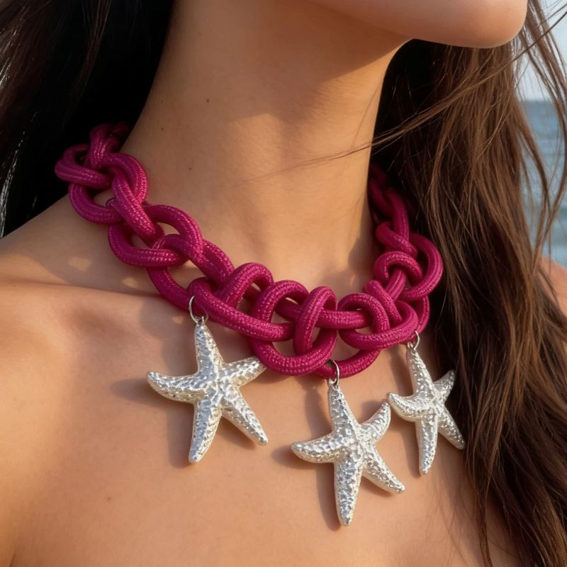Red Statement Beach Starfish Drawstring Snake Necklace:Asujewelry.com