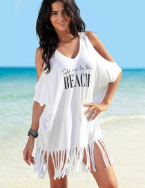 Fashion White (printing Tassel) Fringe Off Shoulder Printed Lettering Swimsuit Blouse